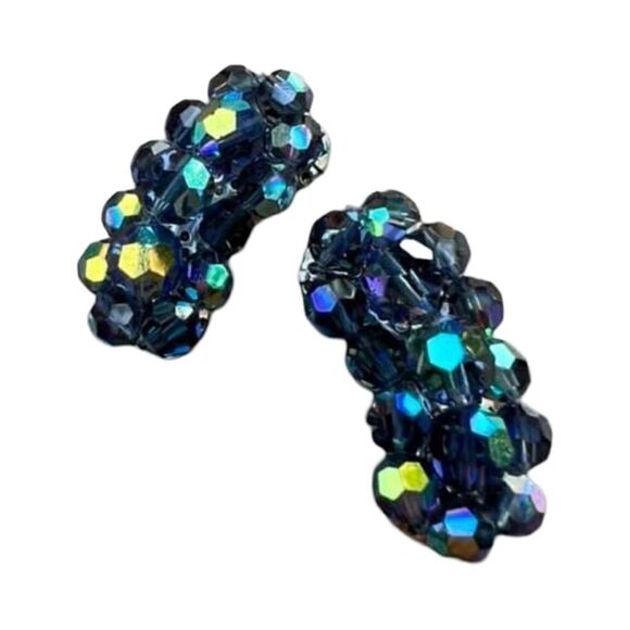 Vintage Jewelry - Large VTG 1960s Midnight Aurora Borealis Carnival Glass Regency Clip Earrings